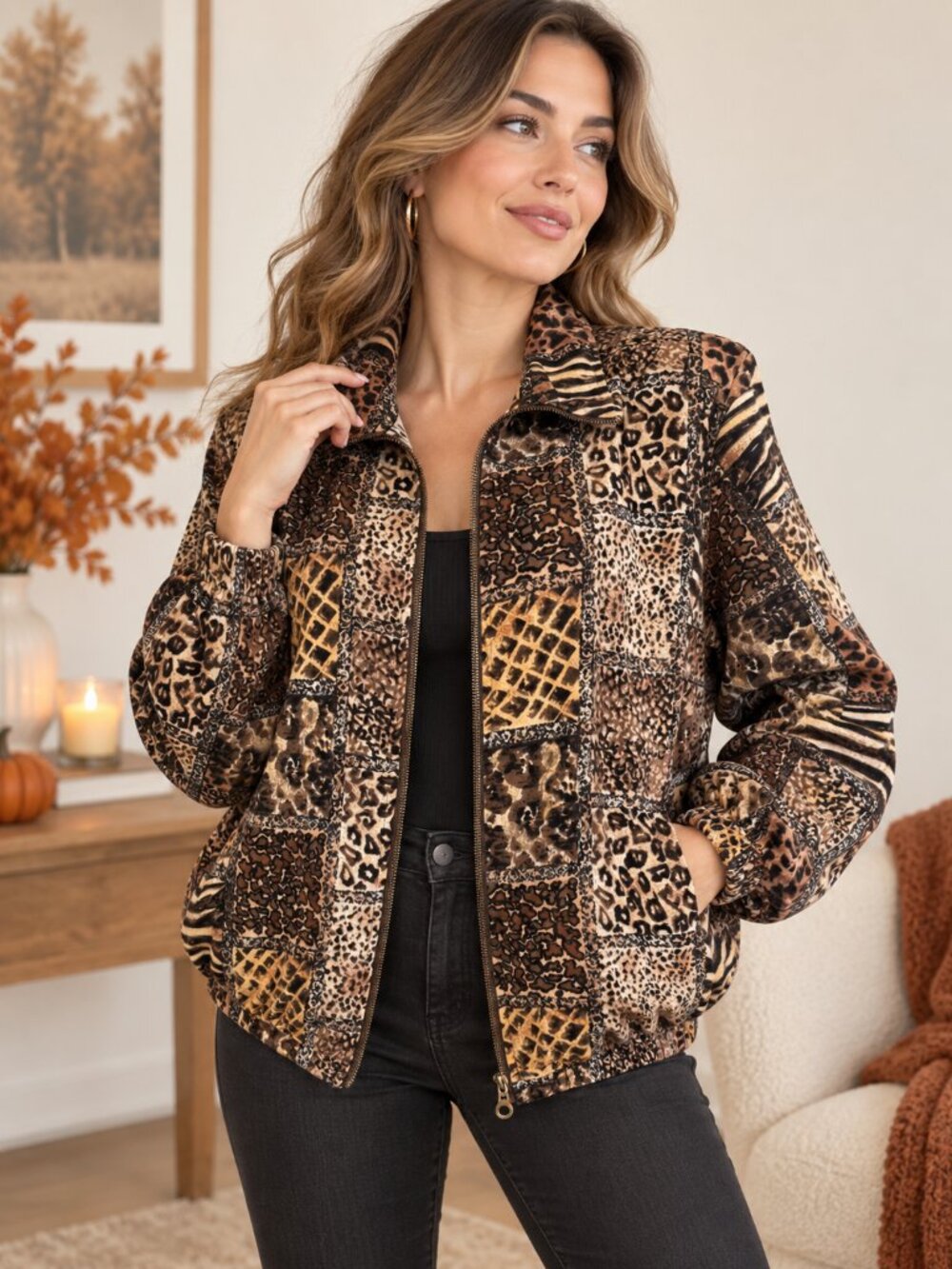 Vintage Teddi Animal Print Patchwork Zip Jacket Est L 80s 90s